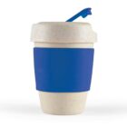 Reusable cup with a blue sleeve and lid, featuring a sip spout.