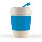 Eco-friendly reusable cup with a blue sleeve and lid.
