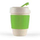Eco-friendly cup with green sleeve and lid, isolated on a white background.