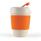 Reusable cup with an orange band and lid on a white background.