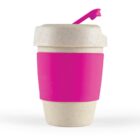 Reusable cup with a pink band and lid, featuring a folding straw.