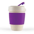 Beige travel coffee cup with purple lid and grip sleeve.