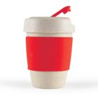 Reusable cup with red sleeve and flip-top lid against a white background.