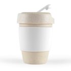Reusable cup with lid and a white sleeve, standing on a white surface.