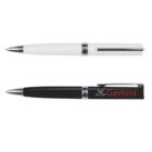 Two ballpoint pens, one white and one black with Gemini text, shown horizontally.