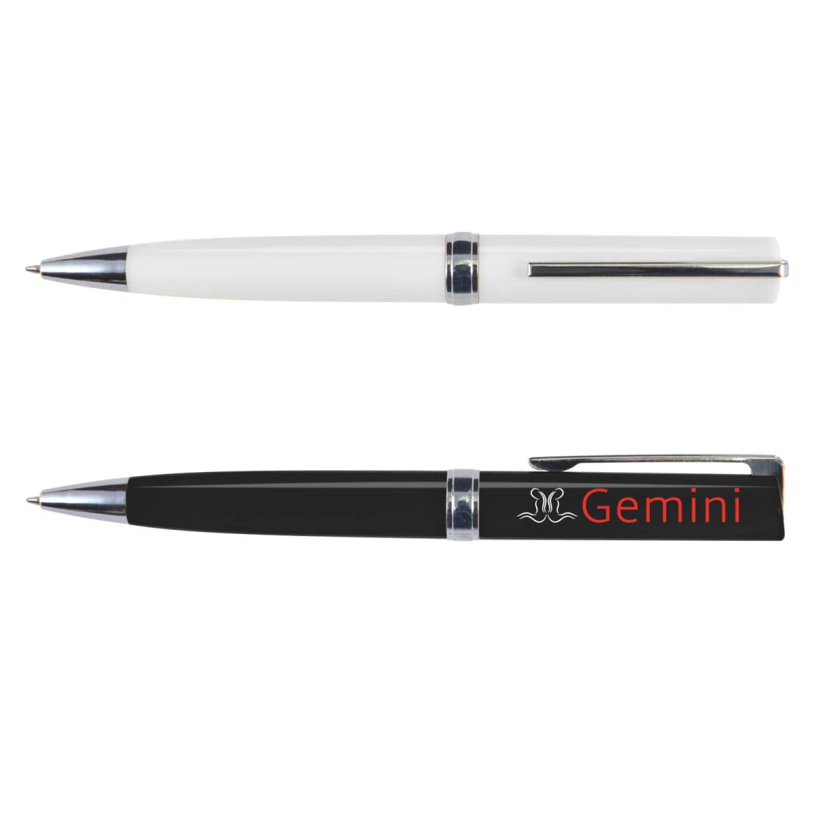 Two ballpoint pens, one white and one black with Gemini text, shown horizontally.