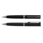 Two black ballpoint pens with silver accents, one closed, one open, on a white background.