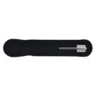 Metal cylindrical object on a black rectangular base, isolated on a white background.