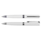 Two white ballpoint pens with silver accents, one placed above the other.