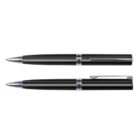Two black ballpoint pens, one capped and one uncapped, on a white background.