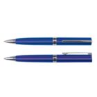 Two blue ballpoint pens, one with the cap on, and the other with the cap off.