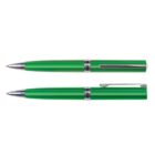Two green ballpoint pens with silver accents, one with cap on and one with cap off.