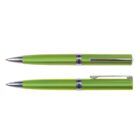 Two green ballpoint pens, one capped and one uncapped, with silver accents, on a white background.