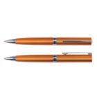 Two orange pens with silver accents, one with cap on, and one with cap off.