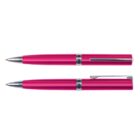Two red pens, one with a cap off, one capped, with silver accents on a white background.