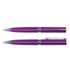 Two purple ballpoint pens with silver accents, one open and one closed.