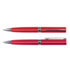 Two red ballpoint pens with silver accents, one capped and one uncapped, on a white background.