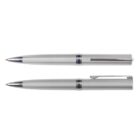 Two silver ballpoint pens, one with its cap on and one uncapped, on a white background.