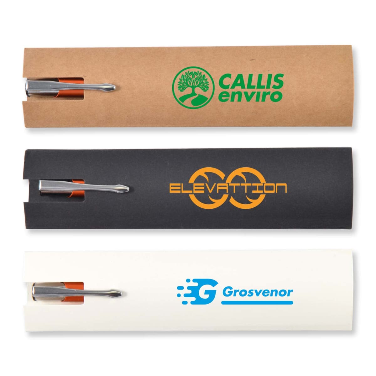 Three branded pen cases with pens partially visible.