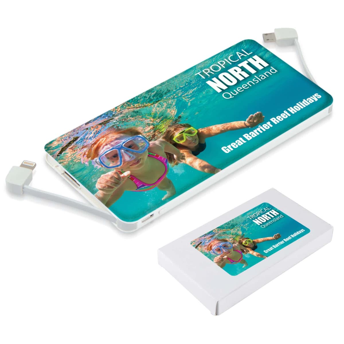 Portable charger with kids snorkeling and Tropical North Queensland text.