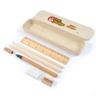 Stationery set with open case, pencils, ruler, eraser, sharpener, and pen on white background.