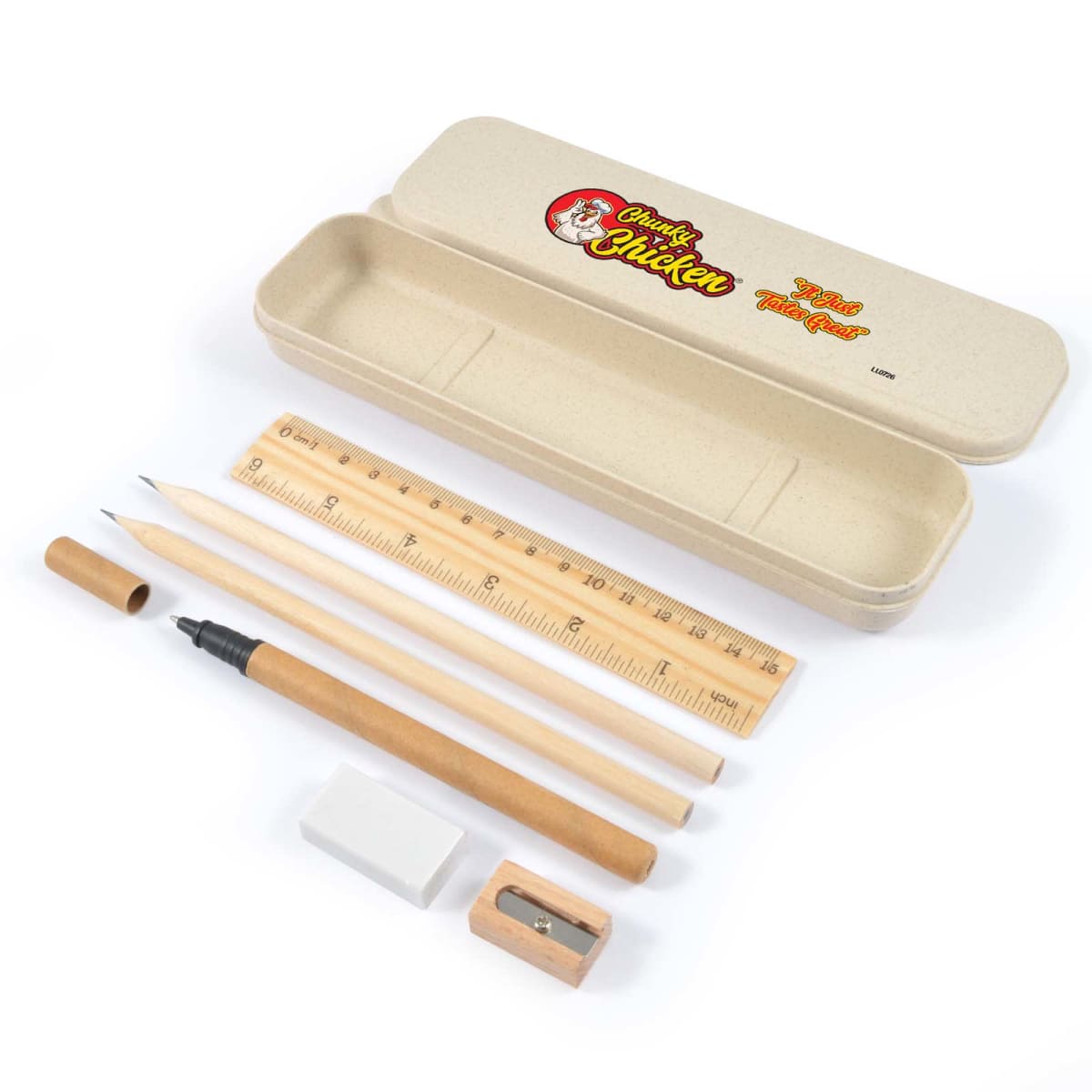 Stationery set with open case, pencils, ruler, eraser, sharpener, and pen on white background.