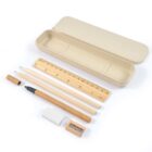 Beige pencil case with pencils, ruler, eraser, sharpener, and pen.