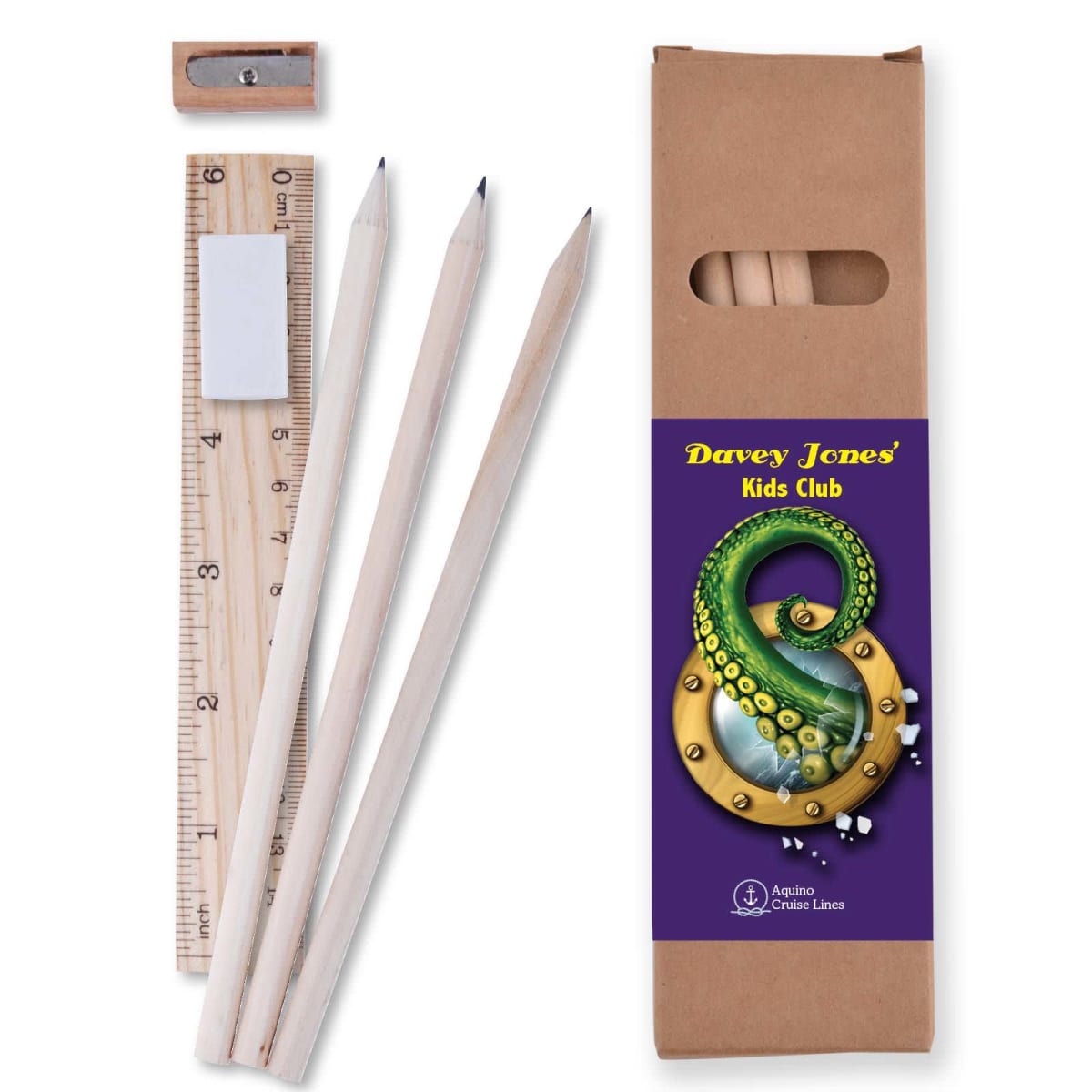 Pencils, ruler, eraser, and sharpener set with a Davey Jones Kids Club labeled box.