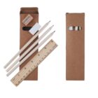 Brown stationery set with pencils, sharpener, eraser, and ruler next to a closed matching box.