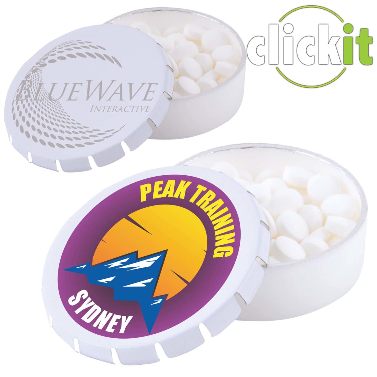 Round mint tins with custom logos and snap lids.