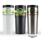 Three travel mugs with Media Makers logo, each in white, black, and metallic finishes.