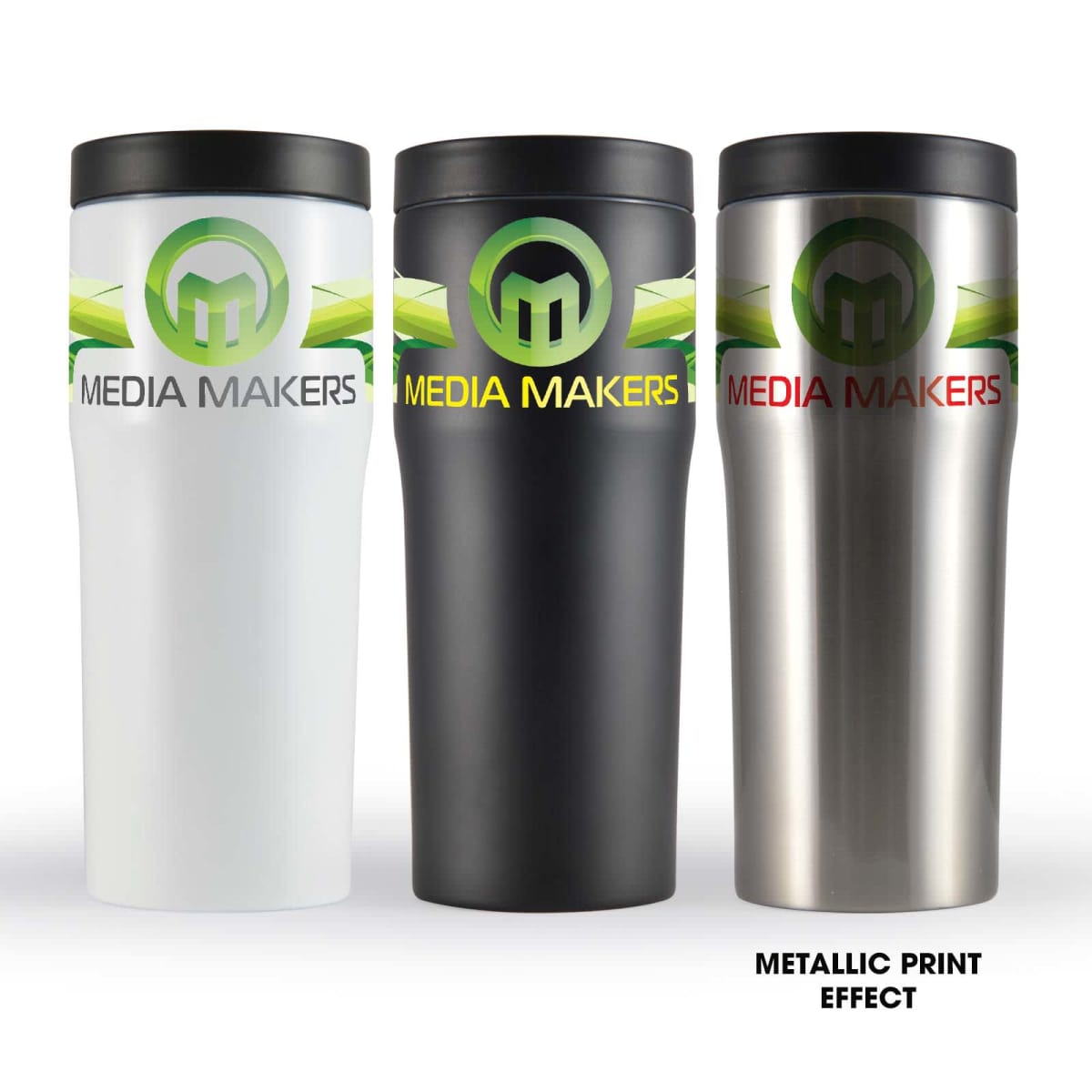 Three travel mugs with Media Makers logo, each in white, black, and metallic finishes.