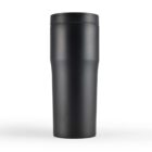 A tall, black travel mug with a lid, standing upright on a white background.