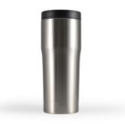 Stainless steel travel mug with a black lid.