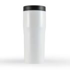 White travel mug with a black lid on a plain white background.