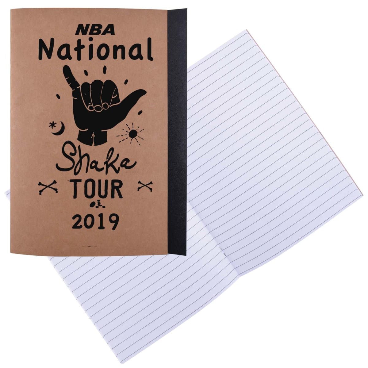 Brown notebook titled NBA National Shake Tour 2019 next to an open lined notebook.