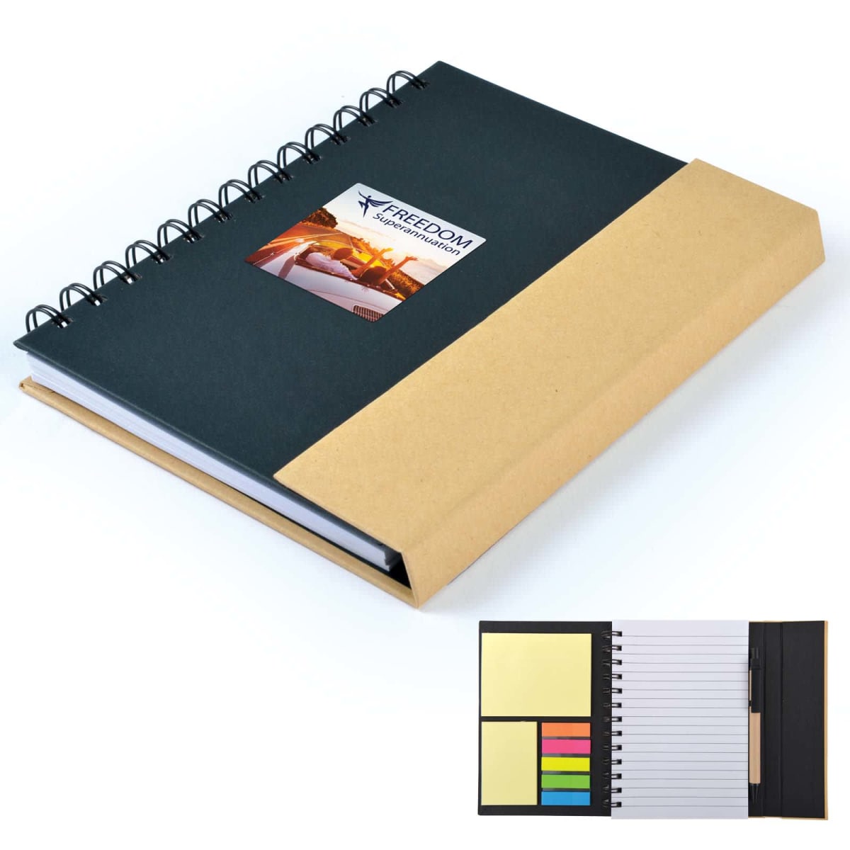 Spiral notebook with sticky notes and lined pages, cover in black and brown.