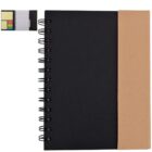 Black spiral notebook with a brown side flap and sticky notes on the top left.