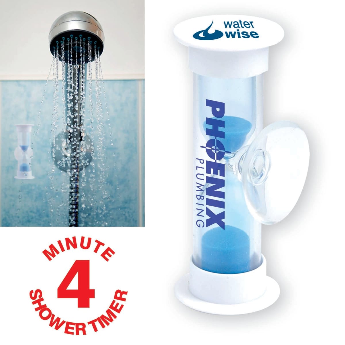 Shower water timer with blue sand and 4 Minute Shower Timer label shown next to running shower.