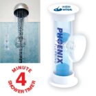 Shower timer with blue sand and 4 Minute Shower Timer text, next to a running shower.