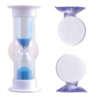 White hourglass with blue sand, shown from the side and top views.