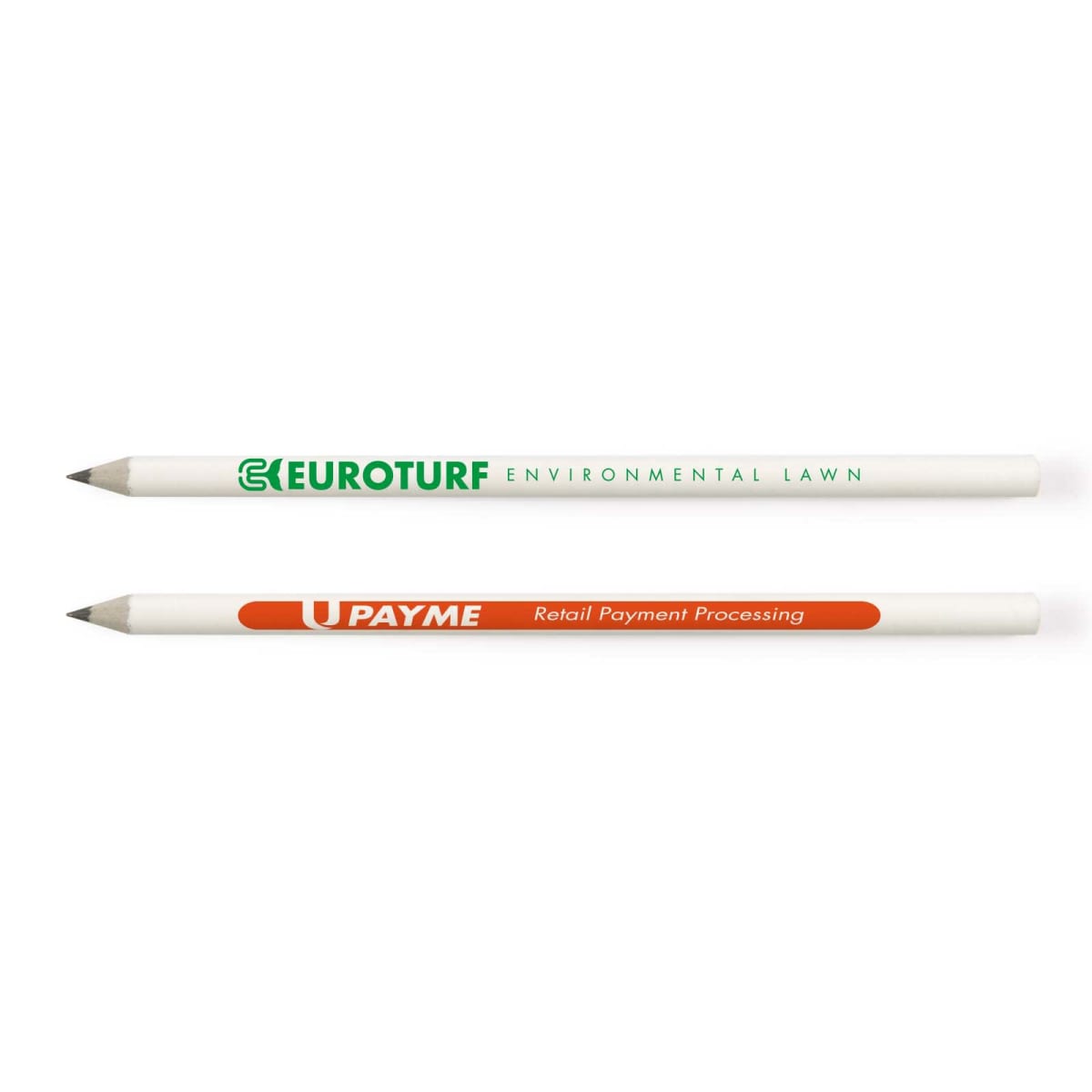 Two white pencils with green EUROTURF and orange UPAYME logos and text.