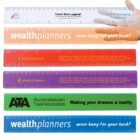 Five colorful branded rulers with text and logos.