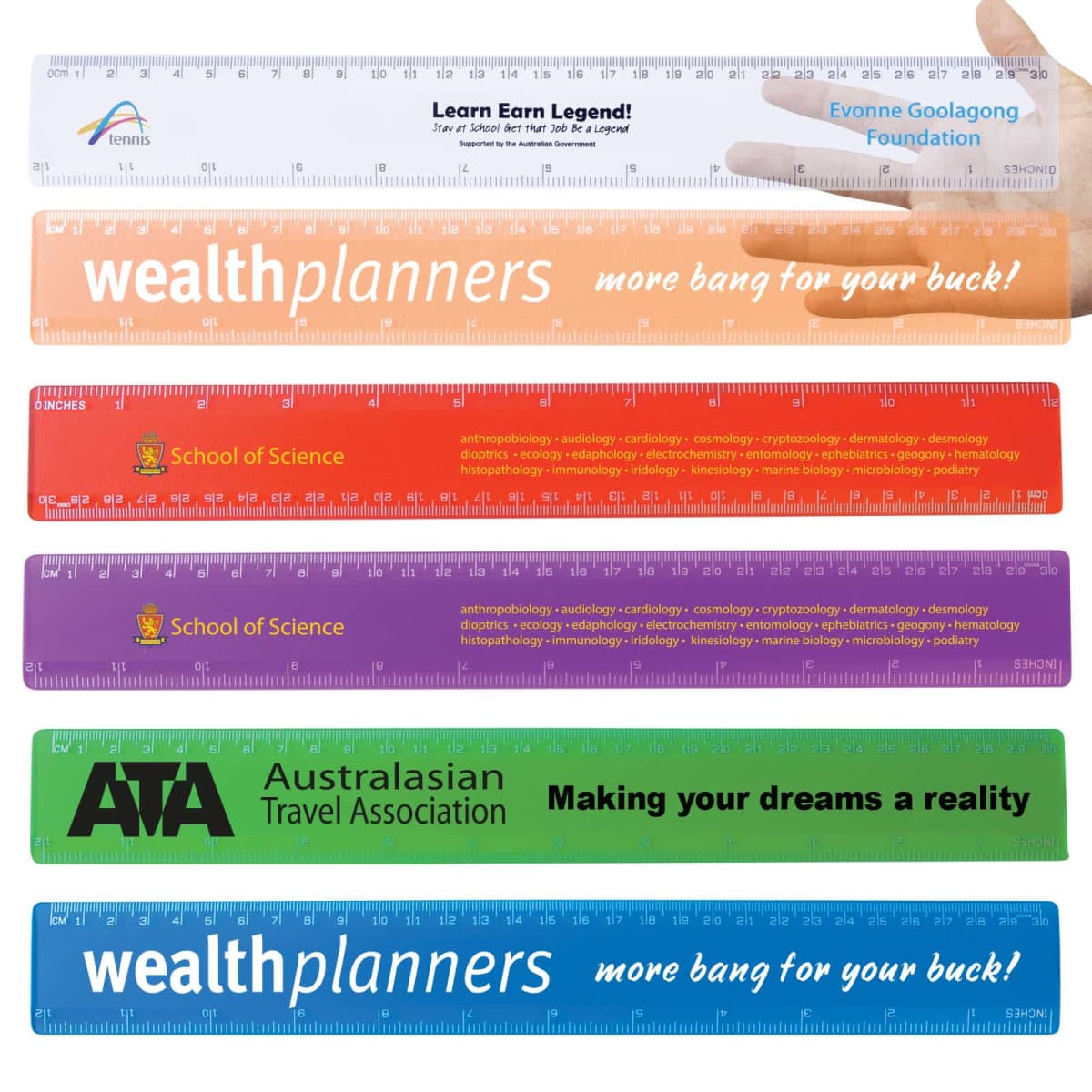 Five colorful branded rulers with text and logos.