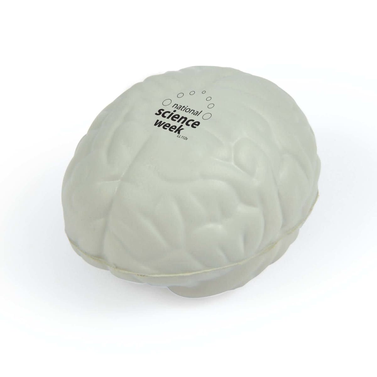 Gray brain-shaped stress ball with National Science Week printed on it.