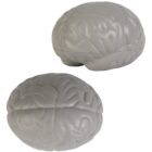 Two gray brain-shaped stress balls on a white background.