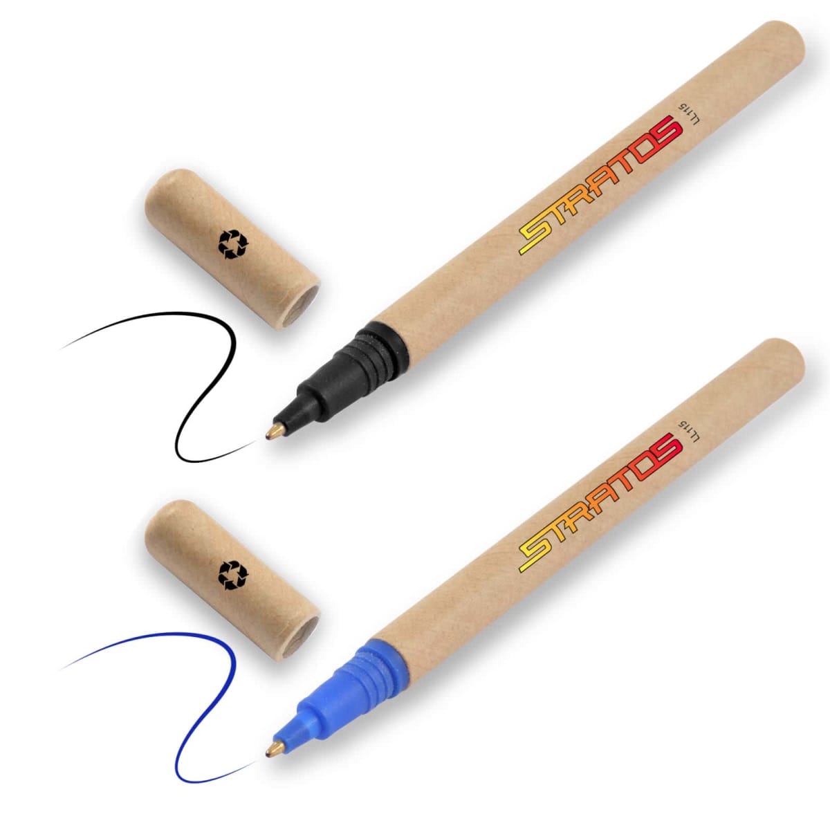 Two eco-friendly pens with caps, one black, one blue, on a white background.