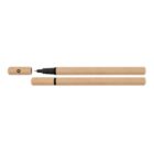 Eco-friendly pen with a recycled paper body and a removable cap, shown closed and open.