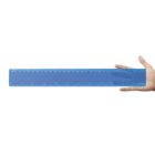 A hand holding a transparent blue ruler marked with centimeters and inches.