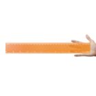 Hand holding a transparent orange ruler on a white background.